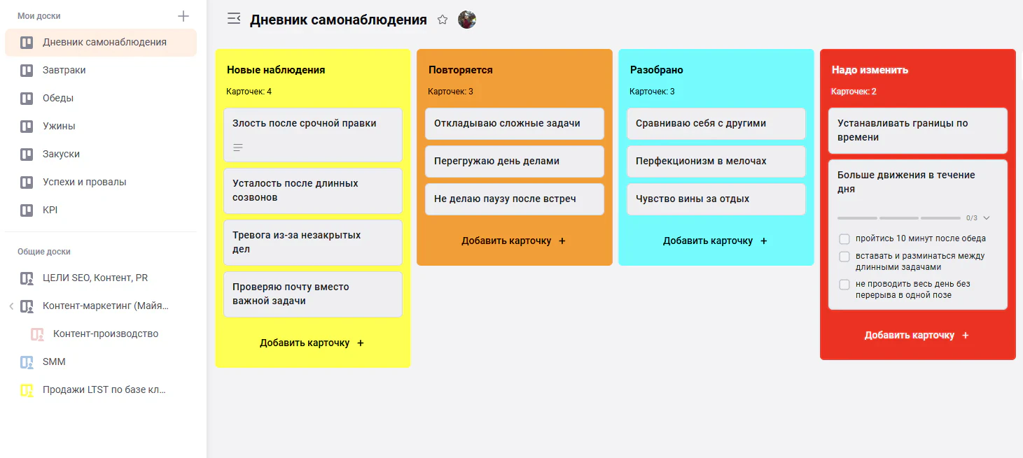Канбан-доска для визуализации наблюдений дневник самонаблюдения в LeaderTask