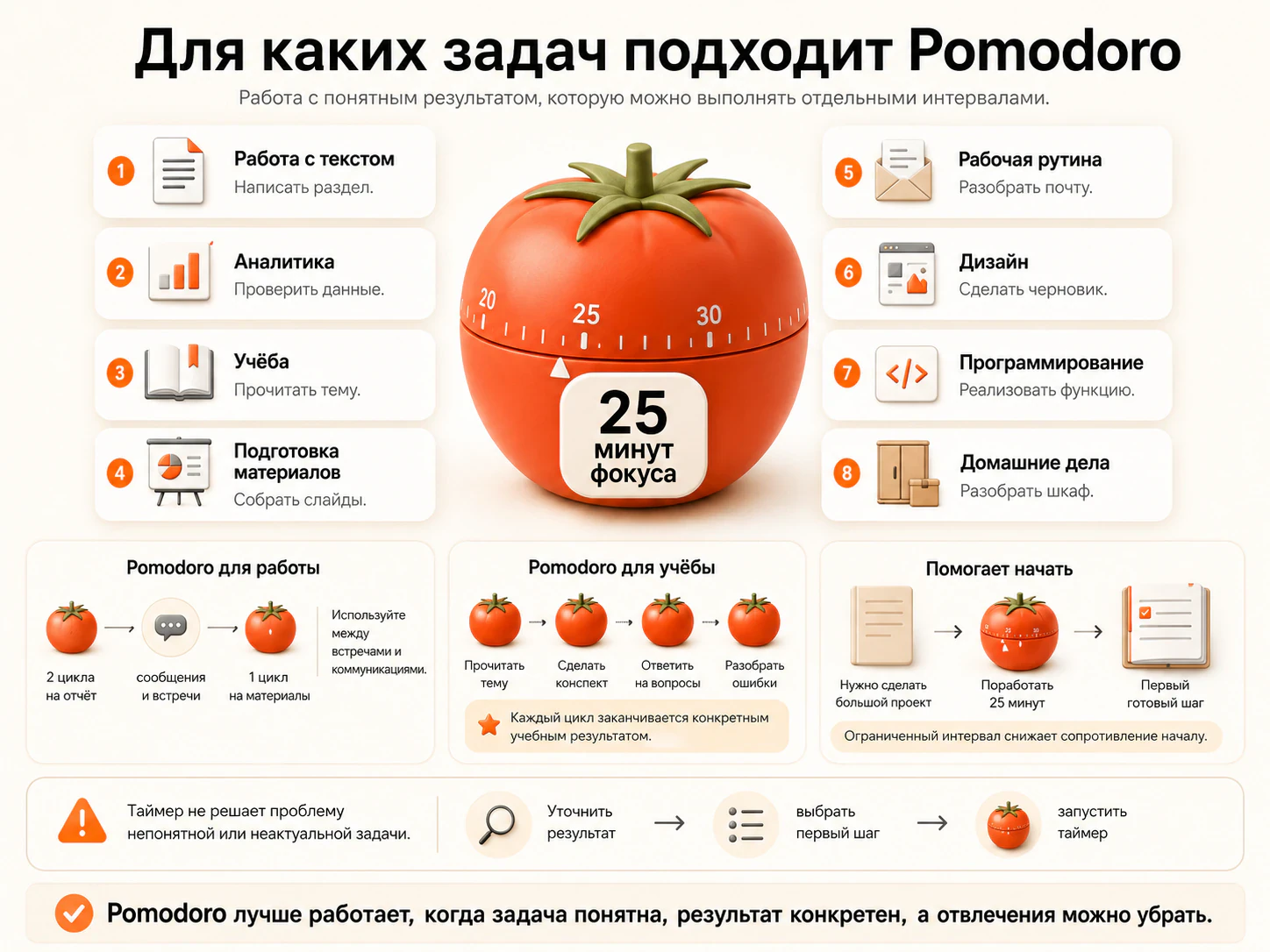 Для каких задач подходит метод Pomodoro