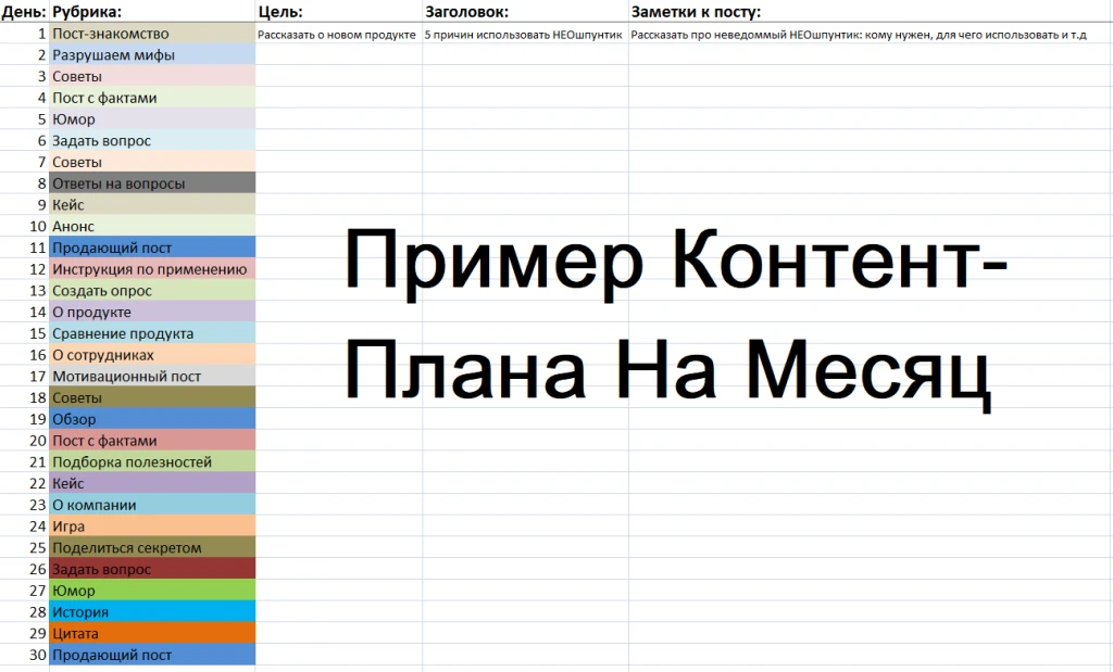 Шаблон контент-плана на месяц