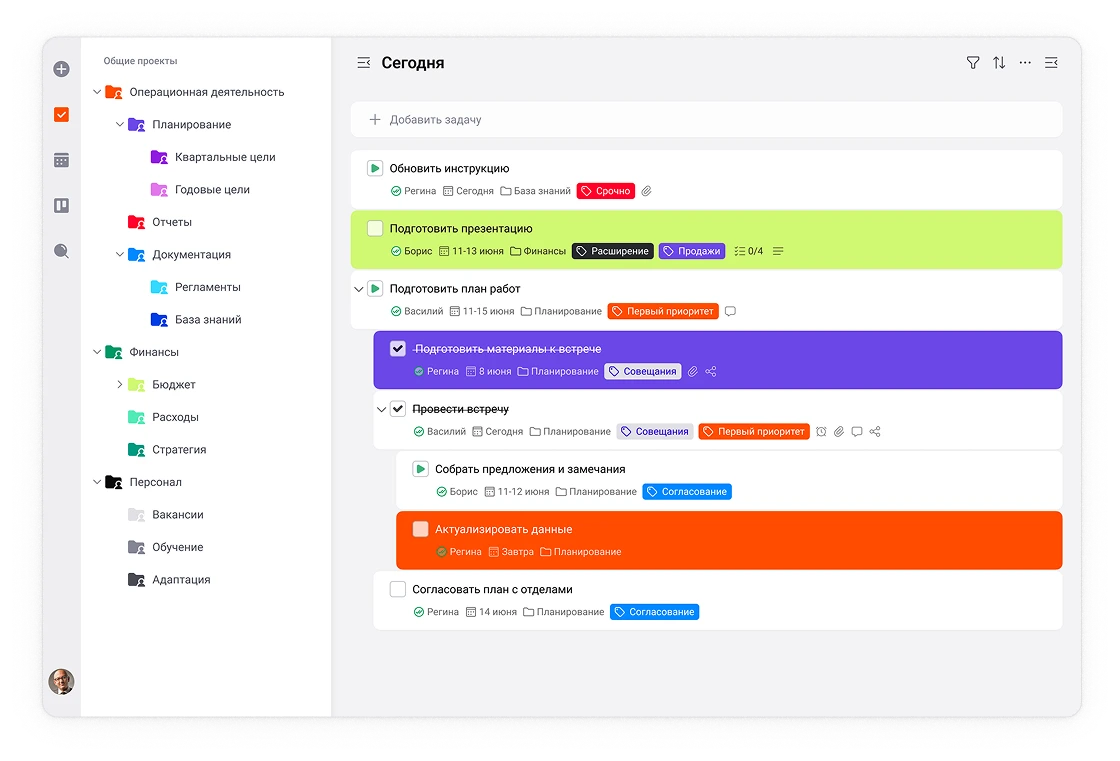 Общие проекты команды, метки и цветовое выделение задач в LeaderTask