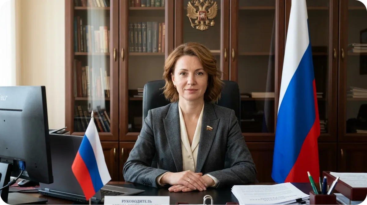 Сотрудница в кабинете с флагом России