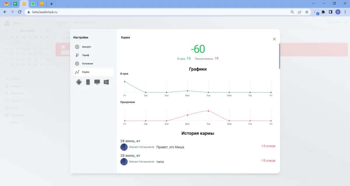 Карма сотрудника в вебе на Лидертаск
