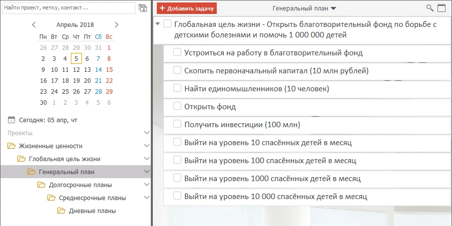 Дерево целей Франклина в программе ЛидерТаск